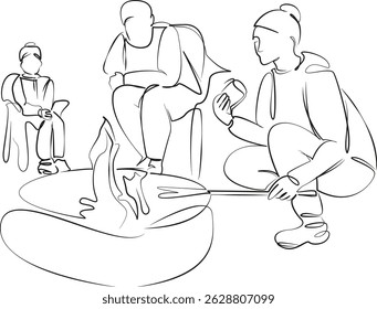 One continuous single drawing line art flat doodle family, picnic, flame, outdoors, child, lifestyle, fire, happiness. Isolated image hand draw contour on a white background, hand drawn, not AI