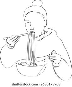 One continuous single drawing line art flat doodle child, eating, food, female, meal, noodle, girl, young, pasta. Isolated image hand draw contour on a white background, hand drawn, not AI