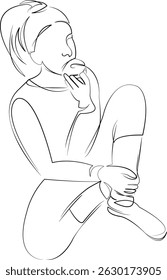 One continuous single drawing line art flat doodle person, donut, child, fun, girl, smiling, female, food, sweet. Isolated image hand draw contour on a white background, hand drawn, not AI