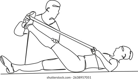 One continuous single drawing line art flat doodle assistance, exercising, patient, recovery, support, working, osteopath. Isolated image hand draw contour on a white background, hand drawn, not AI