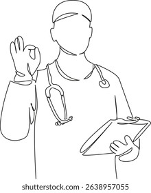 One continuous single drawing line art flat doodle doctor, surgeon, hospital, uniform, ok, stethoscope, care, hand, medicine. Isolated image hand draw contour on a white background, hand drawn, not AI
