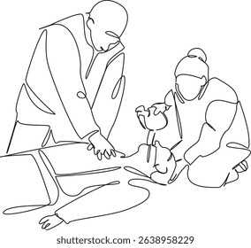 One continuous single drawing line art flat doodle  patient healthcare and medicine doctor adult emergency room teamwork cpr. Isolated image hand draw contour on a white background, hand drawn, not AI