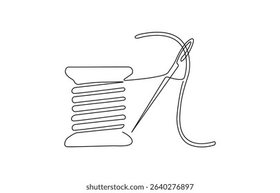 One continuous single drawing line art flat doodle sewing, thread, needle, textile, tool, spool, handicraft, Graphic editable contour. Symbol for atelier and fashion design concept.