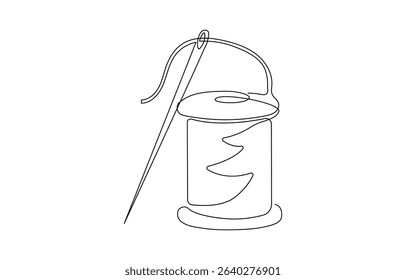 One continuous single drawing line art flat doodle sewing, thread, needle, textile, tool, spool, handicraft, Graphic editable contour. Symbol for atelier and fashion design concept.
