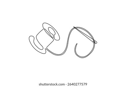 One continuous single drawing line art flat doodle sewing, thread, needle, textile, tool, spool, handicraft, Graphic editable contour. Symbol for atelier and fashion design concept.