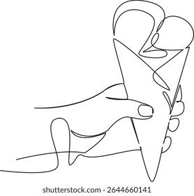 One continuous single drawing line art flat doodle ice cream, cream, holding, food, summer, ice, cone, hand, dessert. Isolated image hand draw contour on a white background, hand drawn, not AI