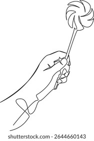 Um contínuo único desenho linha arte plana doodle pirulito, doce, diversão, comida, doce, redemoinho, segurando, mão, sobremesa. Contorno de desenho manual de imagem isolada em um fundo branco, desenhado à mão, não AI