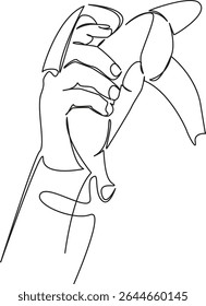 One continuous single drawing line art flat doodle banana, fruit, holding, food, ripe, hand, snack, organic. Isolated image hand draw contour on a white background, hand drawn, not AI