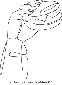 One continuous single drawing line art flat doodle burger, holding, food, hamburger, hand, cheese, lettuce, meat. Isolated image hand draw contour on a white background, hand drawn, not AI