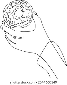 One continuous single drawing line art flat doodle food, donut, hand, snack, bakery, sweet, sweet food. Isolated image hand draw contour on a white background, hand drawn, not AI