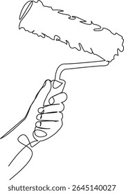 One continuous single drawing line art flat doodle paint, renovation, hand, decorating, painting, tool, roller, wall. Isolated image hand draw contour on a white background, hand drawn, not AI