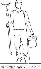 One continuous single drawing line art flat doodle paint, occupation, man, adult improvement indoor equipment house painter. Isolated image hand draw contour on a white background, hand drawn, not AI