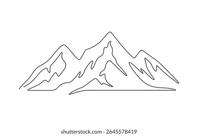 One continuous single drawing line art flat doodle mountain, lake, beautiful, Continuous line drawing of sun and,  Web banner with high mounts and peaks in simple linear style.