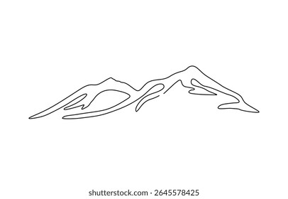 One continuous single drawing line art flat doodle mountain, lake, beautiful, Continuous line drawing of sun and,  Web banner with high mounts and peaks in simple linear style.