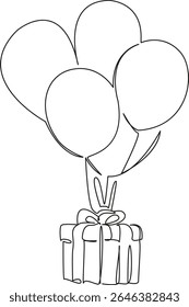 One continuous single drawing line art flat doodle balloon, gift, celebration, birthday, decoration, surprise, box, event. Isolated image hand draw contour on a white background, hand drawn, not AI