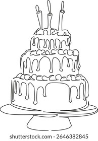 One continuous single drawing line art flat doodle candle, cake, sweet, birthday, celebration, party, dessert, delicious. Isolated image hand draw contour on a white background, hand drawn, not AI