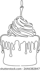 One continuous single drawing line art flat doodle cupcake, candle, birthday, icing, celebration, baked, cake, anniversary. Isolated image hand draw contour on a white background, hand drawn, not AI