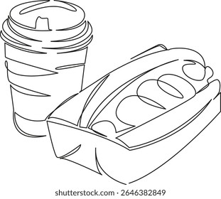 One continuous single drawing line art flat doodle lunch, meal, food, hot dog, bread, breakfast, food and drink, coffee. Isolated image hand draw contour on a white background, hand drawn, not AI