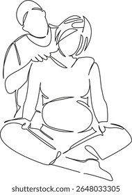 One continuous single drawing line art flat doodle mother, husband, pregnancy, shoulder, wife, belly, massaging. Isolated image hand draw contour on a white background, hand drawn, not AI