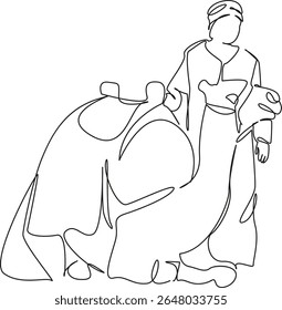 One continuous single drawing line art flat doodle camel, animal, sand, adult, bedouin people, desert area, turban. Isolated image hand draw contour on a white background, hand drawn, not AI