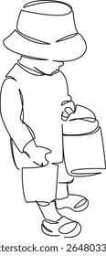 One continuous single drawing line art flat doodle bucket, boy, playing, sand, toy, summer, little, childhood. Isolated image hand draw contour on a white background, hand drawn, not AI