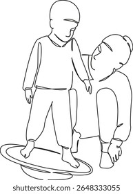 One continuous single drawing line art flat doodle child, fun, learning, sports, physiotherapy, equilibrium. Isolated image hand draw contour on a white background, hand drawn, not AI