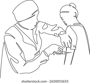Uma única linha de desenho contínua arte plana rabiscar pessoa, médico, medicina, vacinação, cuidado, seringa, clínica. Contorno de desenho manual de imagem isolada em um fundo branco, desenhado à mão, não AI