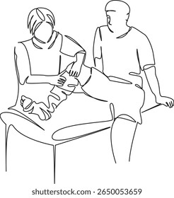 Uma única linha de desenho contínua arte plana rabiscar homem, perna, cuidado, médico, bandagem, recuperação, pé, medicina, gesso. Contorno de desenho manual de imagem isolada em um fundo branco, desenhado à mão, não AI
