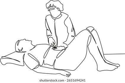 Eine durchgehende einzelne Zeichnung Linie Kunst flachen doodle Arzt, Patient, Krankenhaus, Bauch, Mann, Untersuchung, Medizin. Kontur für handgezeichnetes Einzelbild auf weißem Hintergrund, handgezeichnet, keine KI