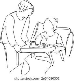 One continuous single drawing line art flat doodle nurse, patient, care, service, tray, food, woman hospital medicine health. Isolated image hand draw contour on a white background, hand drawn, not AI