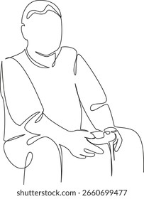 One continuous single drawing line art flat doodle man, fun, lifestyle, indoor, playing, technology, living room, male adult. Isolated image hand draw contour on a white background, hand drawn, not AI