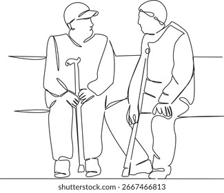 Uma única linha de desenho contínua arte plana rabiscar homem, sentado, banco, adulto, ao ar livre, aposentadoria, masculino, estilo de vida. Contorno de desenho manual de imagem isolada em um fundo branco, desenhado à mão, não AI