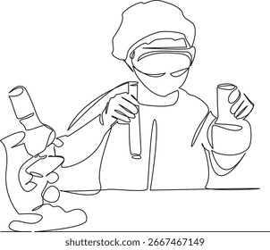One continuous single drawing line art flat doodle laboratory, research, scientist, science, woman, chemistry, biotechnology. Isolated image hand draw contour on a white background, hand drawn, not AI