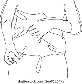 Uma linha de desenho contínua única arte plana doodle medicina, abdômen, seringa, insulina, mulher, diabetes, estômago, hormônio. Contorno de desenho manual de imagem isolada em um fundo branco, desenhado à mão, não AI