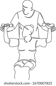 Una sola línea de dibujo continuo arte plano doodle paciente fisioterapia recuperación mancuerna fisioterapeuta cuidado de la Asistencia Imagen aislada mano dibujar contorno sobre un fondo blanco, dibujado a mano, no AI