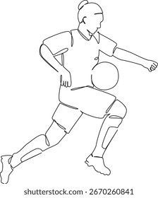 One continuous single drawing line art flat doodle sport, soccer, athlete, soccer ball, woman, soccer player, girl, game. Isolated image hand draw contour on a white background, hand drawn, not AI