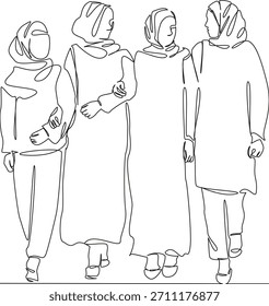 One continuous single drawing line art flat doodle woman, muslim, college, friendship, group, female, happy, girl, asian. Isolated image hand draw contour on a white background, hand drawn, not AI