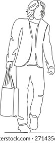 Uma linha de desenho simples contínua de arte plana rabiscar homem, homem, cliente, comprador, compras, shopping, venda, jovem, ir. Contorno de desenho manual de imagem isolada em um fundo branco, desenhado à mão, não AI