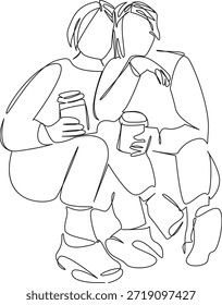 One continuous single drawing line art flat doodle woman, hot drink, friendship, 2, cafes, girlfriend, happy, drink. Isolated image hand draw contour on a white background, hand drawn, not AI