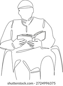Eine durchgehende einzelne Zeichnung Linie Kunst flachen doodle Mann, ältere Menschen, Stuhl, Lesung, alt, reif, Senior, sitzen. Kontur für handgezeichnetes Einzelbild auf weißem Hintergrund, handgezeichnet, keine KI