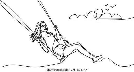 One continuous single drawing line art flat doodle woman, swing, female, young, girl, happiness, fun, sky. One line draw graphic design vector
