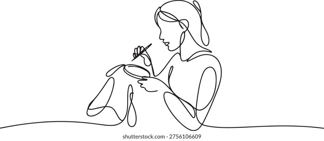 One continuous single drawing line art flat doodle embroidery, girl, embroider, needlework, pattern, stitch, thread, woman. one line art icon drawing vector
