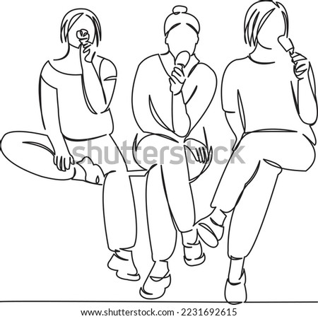 One continuous single drawing line art flat doodle girl, happy, people, young, three, fun, eating, ice-cream, dessert. Isolated image hand draw contour on a white background
