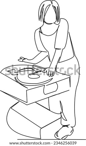 One continuous single drawing line art flat doodle  dj, girl, music, headphone, young, woman, club, disco, fun, audio. Isolated image hand draw contour on a white background
