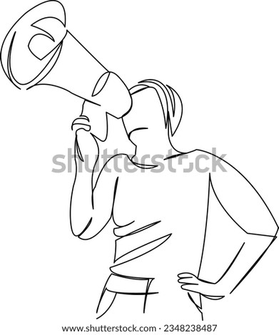 One continuous single drawing line art flat doodle  rally, woman, bullhorn, megaphone, speak, loud, shouting, scream, announcement, concept. Isolated image hand draw contour on a white background

