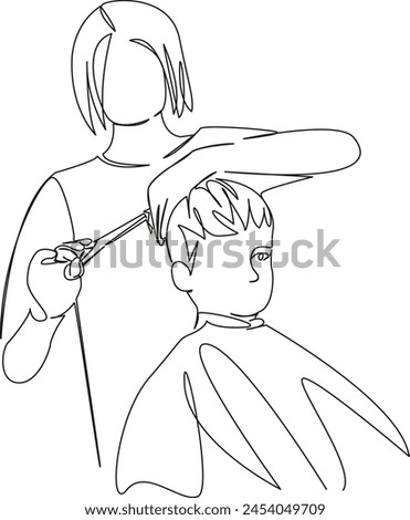 One continuous single drawing line art flat doodle boy, haircut, child, barbershop, barber, scissor, kid, stylist. Isolated image hand draw contour on a white background, hand drawn, not AI