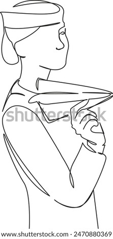 One continuous single drawing line art flat doodle  stewardess, travel, attendant, airline, beautiful, uniform, airplane, paper. Isolated image hand draw contour on a white background
