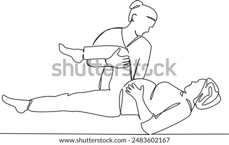 Female osteopath helping pregnant woman with hip pain
