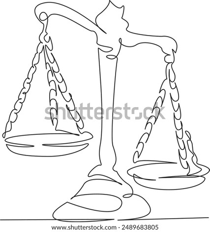 One continuous single drawing line art flat doodle scale, symbol, balance, law, justice, court, weight, judge. Isolated image hand draw contour on a white background