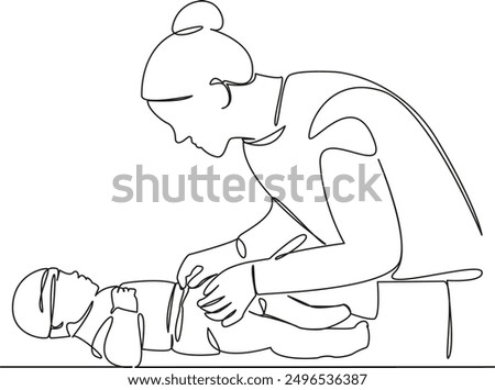 One continuous single drawing line art flat doodle diaper, mom, changing, care, love, hygiene, baby, family, motherhood. Isolated image hand draw contour on a white background
